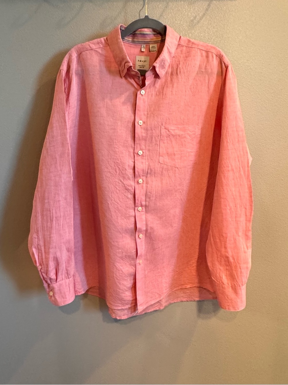 Haupt of Germany Men's Salmon Linen Blend Button-Down Shirt